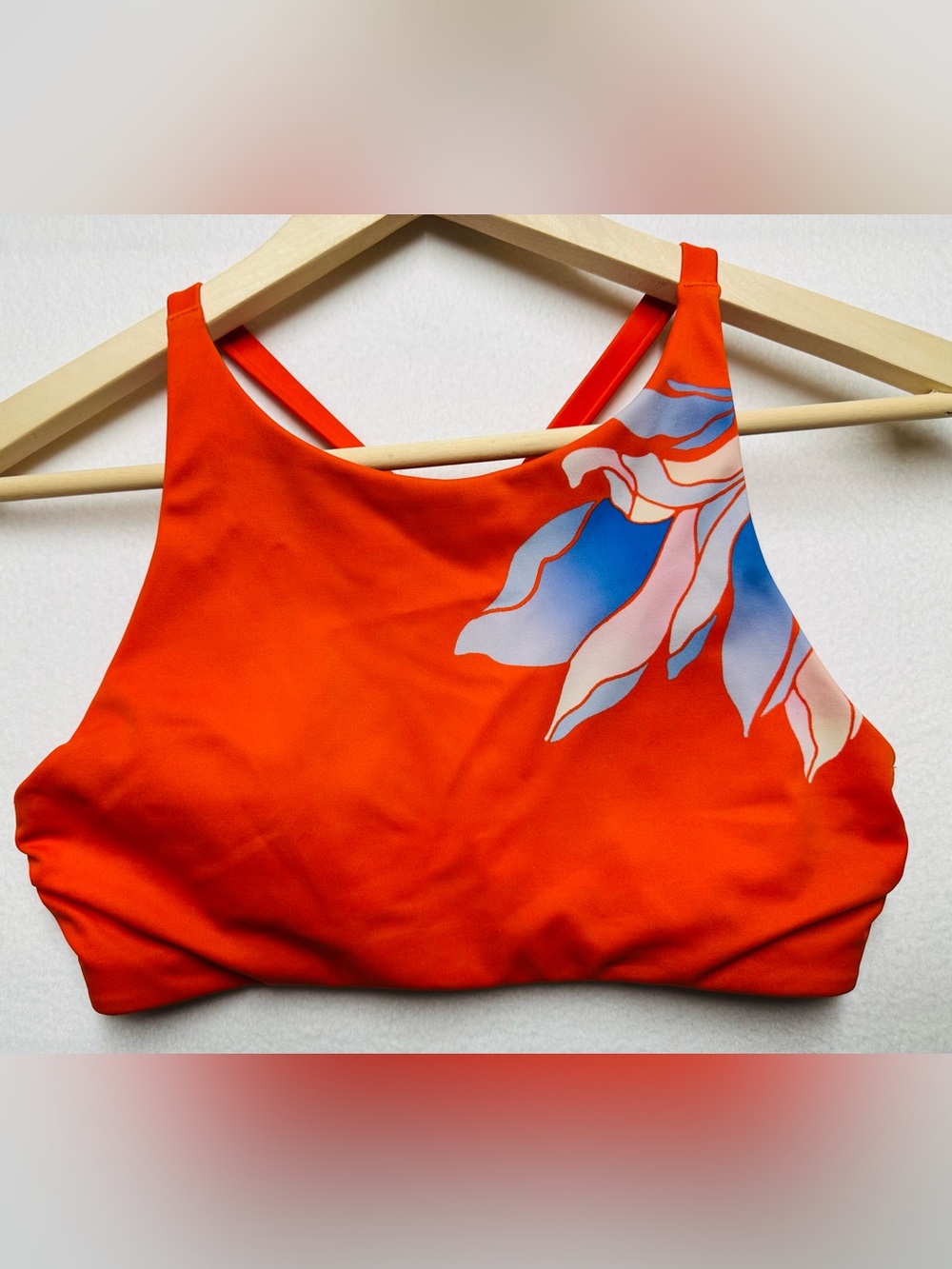 Athleta High‑Neck Swim Top• XS • Racer Back Orange Floral • Bust 26”